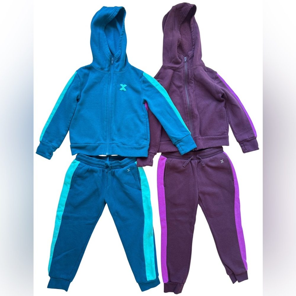 Xersion Girls 4PC Fleece Hoodie Jogger Set Bundle Size 4/5T Burgundy & Teal EUC